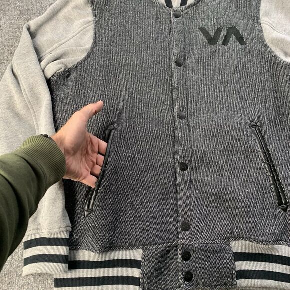 RVCA Varsity Jacket Mens Small Snap Button Gray Black Regular Fit Skater Surfer - Picture 4 of 16